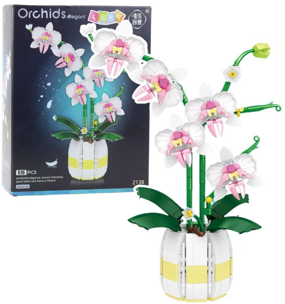 Klocki Konstrukcyjne Orchidea Storczyk W Doniczce Różowo-Biała 616 el. LEAN Toys
