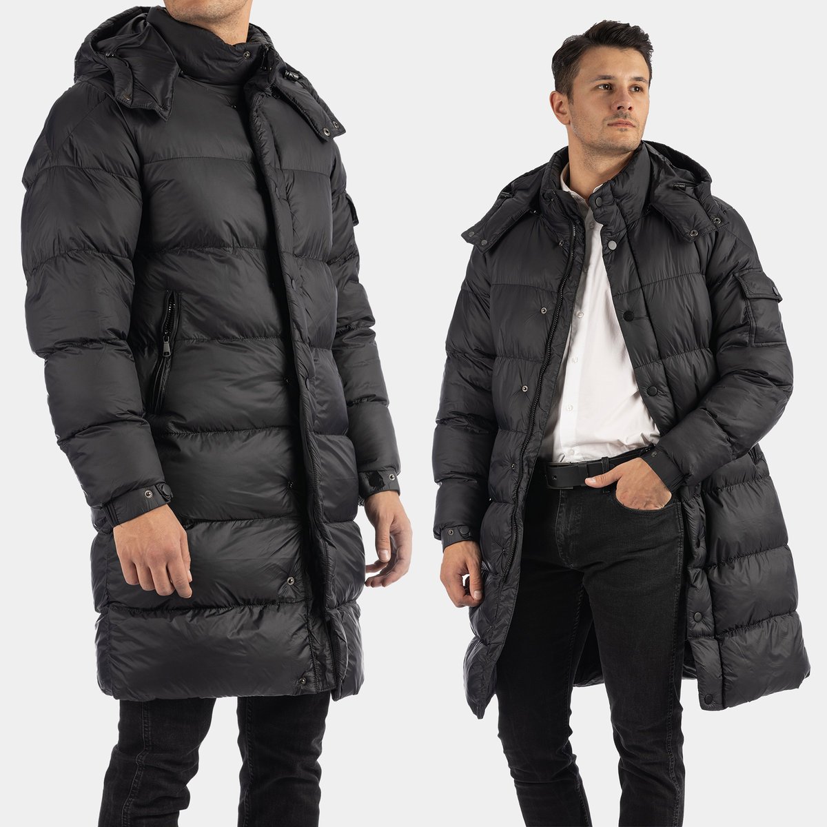 Kurtka Męska Zimowa Pikowana Długa Klasyczna Z Kapturem Czarna FD82N16-1 Czarny XXL