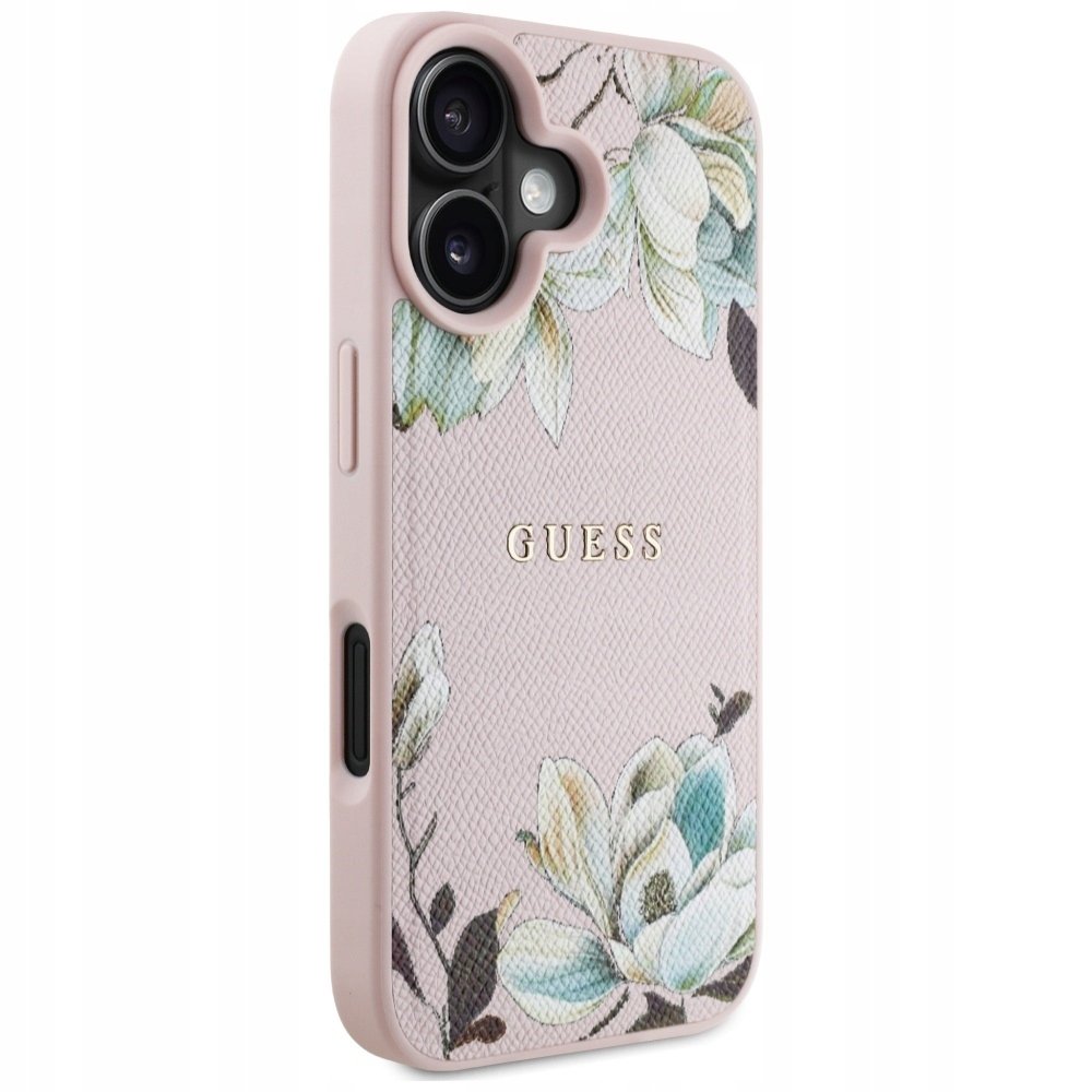 Guess Etui Grained Flower Pattern do MagSafe do iPhone 16, różowe z kwiecistym wzorem