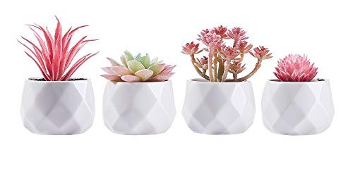 CADNLY Mała sztuczna roślina na biurko, różowa dekoracja biurka dla kobiet, sztuczne sukulenty, sztuczne sukulenty w białych ceramicznych doniczkach, mini różowa dekoracja do sypialni, łazienki,
