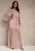 Sukienki - Różowa Asymetryczna Sukienka z Metalicznymi Przeszyciami i Wiązanym Paskiem Arhellia - miniaturka - grafika 1