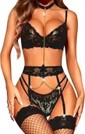 Komplety bielizny - SEKSOWNA BIELIZNA ZESTAW KORONKOWY BIUSTONOSZ MAJTKI Z PODWIĄZKĄ CZARNE XL - miniaturka - grafika 1