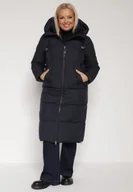 Kurtki damskie - Granatowa Długa Kurtka Pikowana z Kapturem i Bocznymi Suwakami Mevoressa - miniaturka - grafika 1