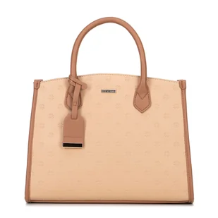 Damski kuferek z imitacji skóry w tłoczone logo beżowy - Torebki damskie Damski kuferek z imitacji skóry w tłoczone logo beżowy - Torebki damskie - miniaturka - grafika 1