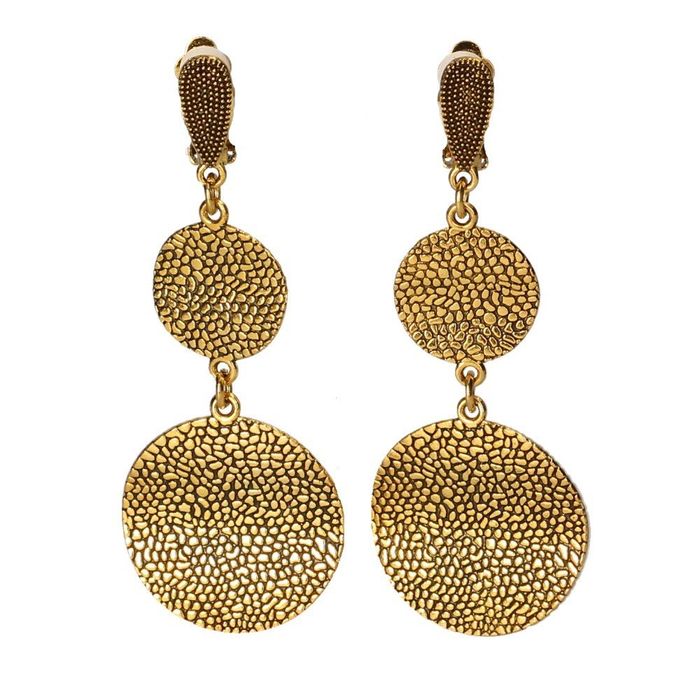 Klipsy do uszu złote wiszące – okrągłe, fakturowane, eleganckie