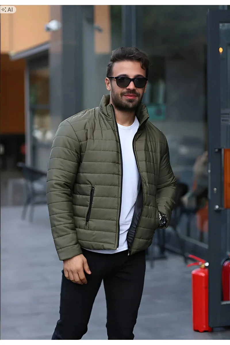 MĘSKA KURTKA PIKOWANA W STYLU SPORTOWYM OLIWKOWA XL 5IA