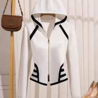 Kurtki damskie - TEMU Kobieca Elegancka Kurtka z Kapturem w B Kolorów - Stylowy Krótki Sweter na Zamek z Detalem w Pasie, Biało-Czarny , Idealna na Wiosnę/Jesień, - miniaturka - grafika 1