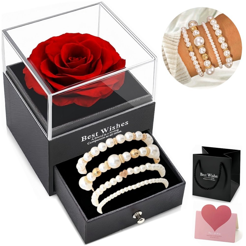 BRANSOLETKA DAMSKA Perły Diamentowana Szkatułka z Różą Na Prezent Pozłacana