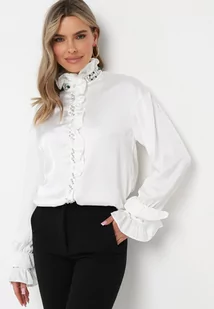 Biała Koszula z Satynowej Tkaniny ze Stójką i Falbankami oraz Cyrkoniami Odello - Koszule damskie - miniaturka - grafika 1