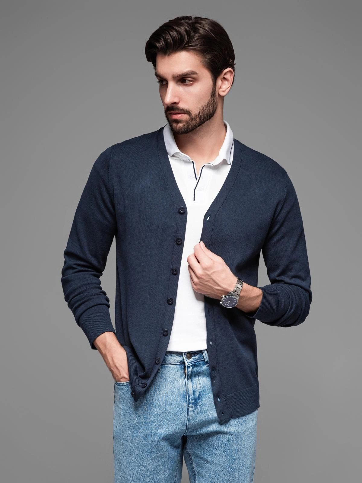 Ombre sweter męski z dzianiny wiskozowej granatowy S