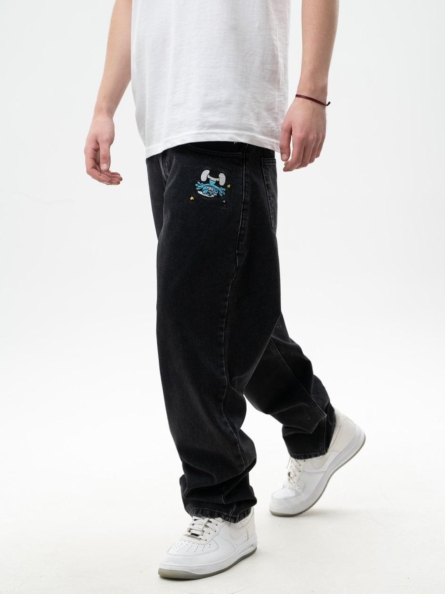 SPODNIE JEANSOWE BAGGY MĘSKIE Czarne Smerfy PREMIUM Denim Szerokie M