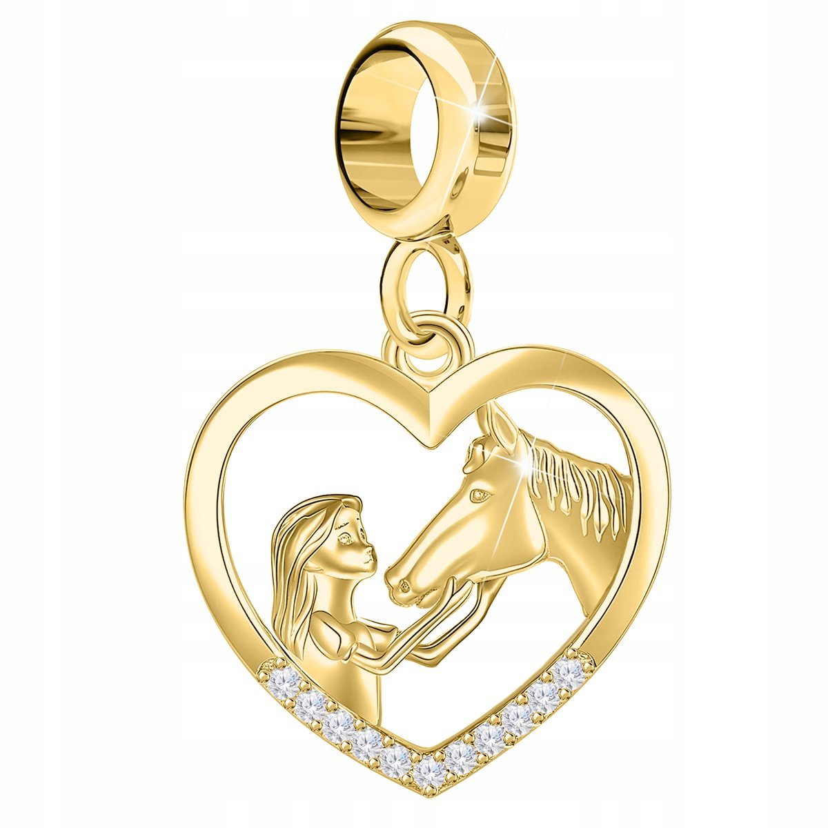 Złoty Charms z Koniem Serce Dziewczynka Koń Konik z Cyrkoniami SREBRO 925