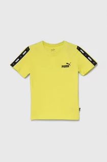 Koszulki dla dziewczynek - Puma t-shirt bawełniany dziecięcy Ess Tape Tee B kolor żółty z nadrukiem - grafika 1