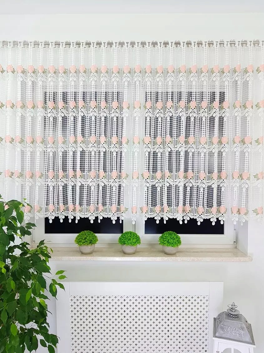 KRÓTKA FIRANA GOTOWA Z GIPIURY RÓŻOWE KWIATY FIRANKA DO KUCHNI 400/120