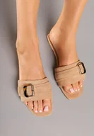 Klapki i japonki damskie - Ciemnobeżowe Klapki z Klamrą i Kwadratowym Noskiem Gavrina - miniaturka - grafika 1