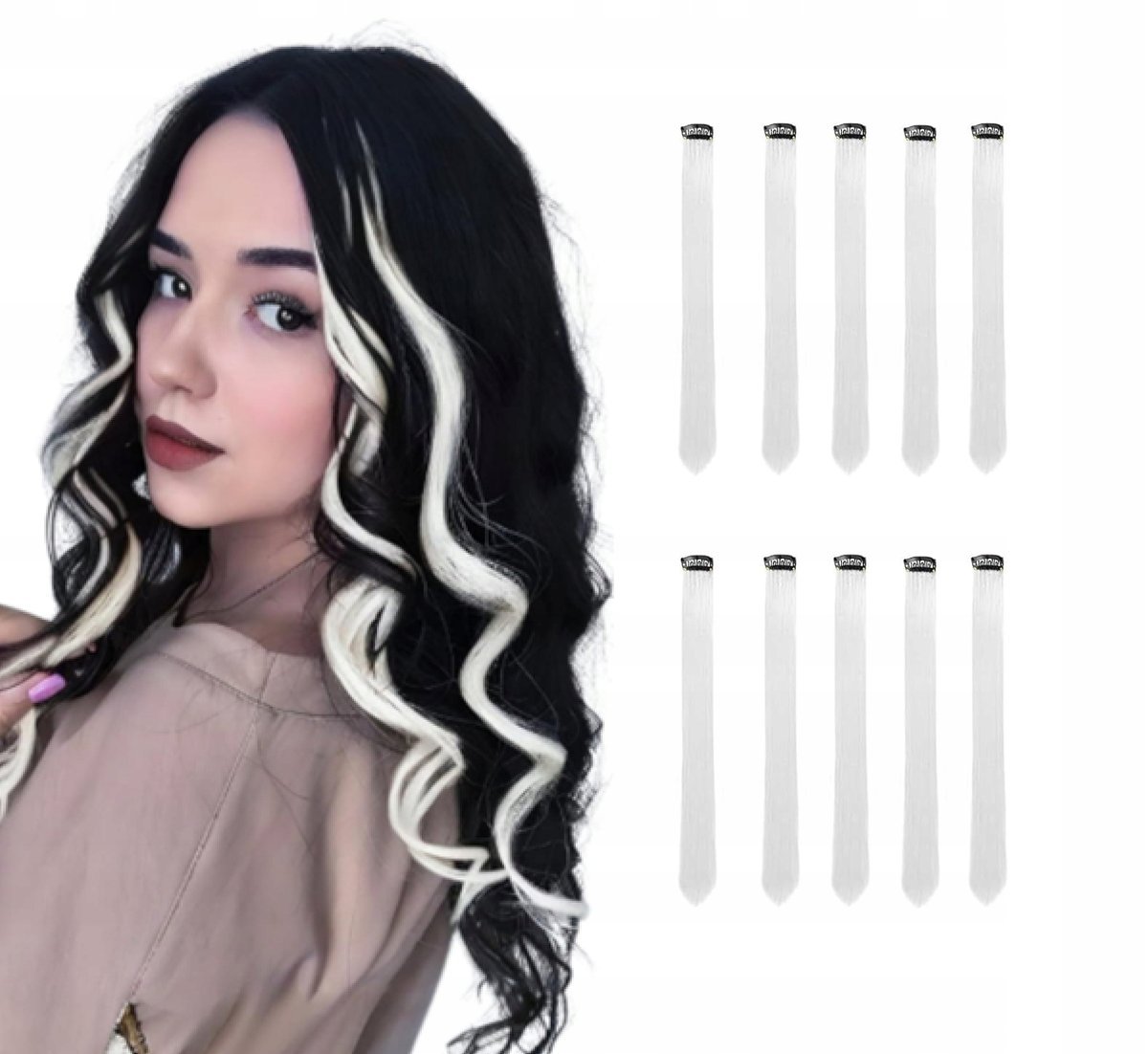 PASEMKA CLIP-IN BIAŁE zestaw 10 sztuk 55 cm włosy na spinki syntetyczne