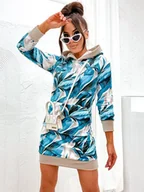 Sukienki - Welurowa sukienka w liście z kapturem beż-turkus (8250) - MOON - miniaturka - grafika 1