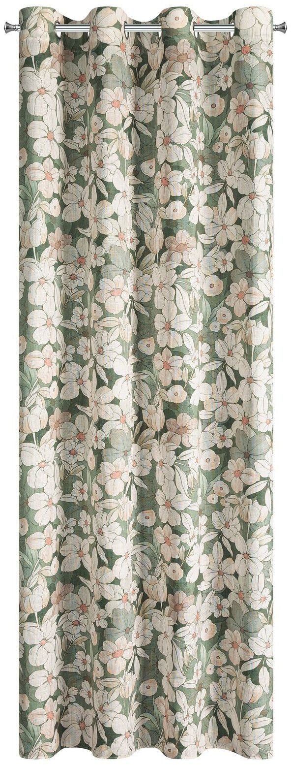 Eurofirany Zasłona gotowa 140x250 cm zielona przelotki magnolie kwiaty VERNIZI