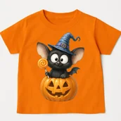 Koszulki dla dziewczynek - Pomarańczowa koszulka z FAJNYM nietoperzem i dynią na Dzień Dyni dla dziecka - miniaturka - grafika 1