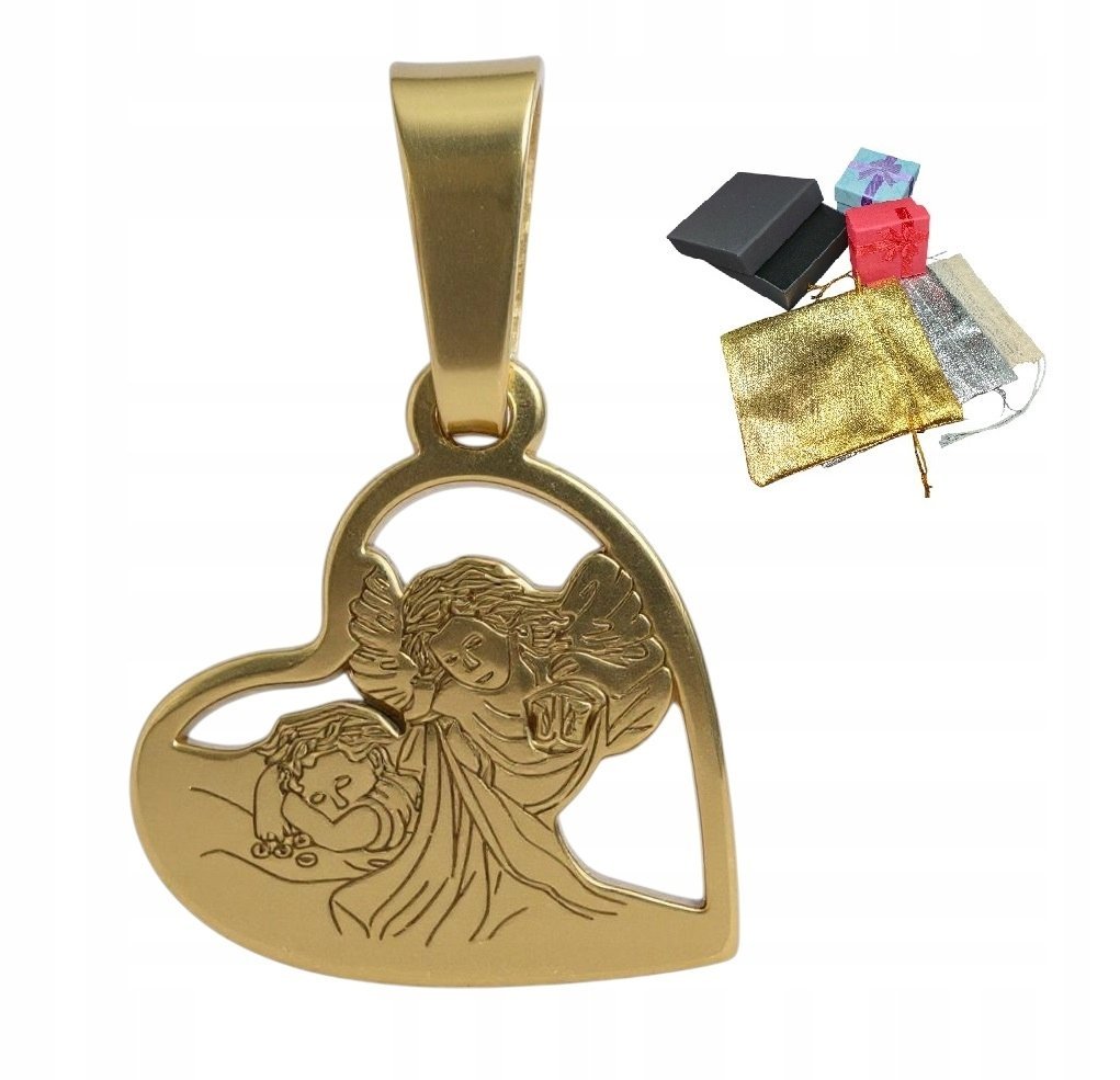 Srebrny Pozłacany Medalik pr. 925 Z Aniołem Stróżem W Sercu Na Prezent