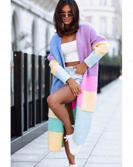 Długi Kardigan Sweter Royal Pastelowy Color Block Wełna Maxi Polski