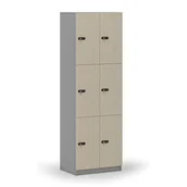 Szafki biurowe - Drewniana szafka skrytkowa, 6 schowków, zamek mechaniczny z kodem, szary/brzoza - miniaturka - grafika 1