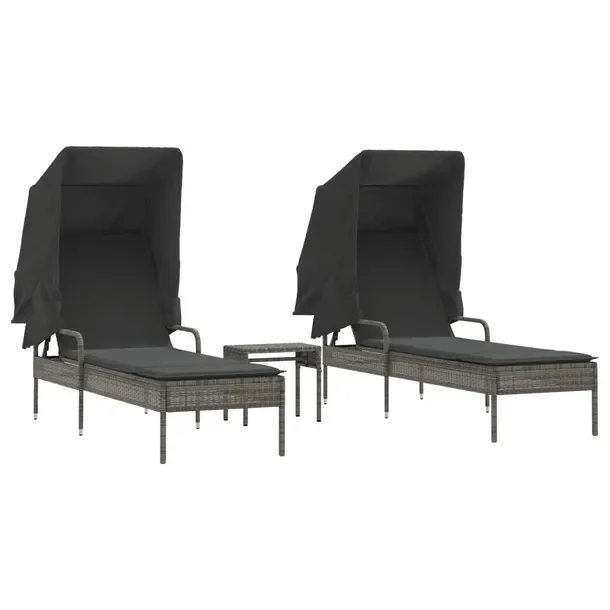 Leżak ogrodowy z zadaszeniem szary, rattan PE, 62 x 200 x 130 cm