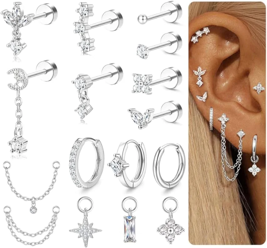Zestaw kolczyków piercing helix ze stali chirurgicznej flatback srebrny