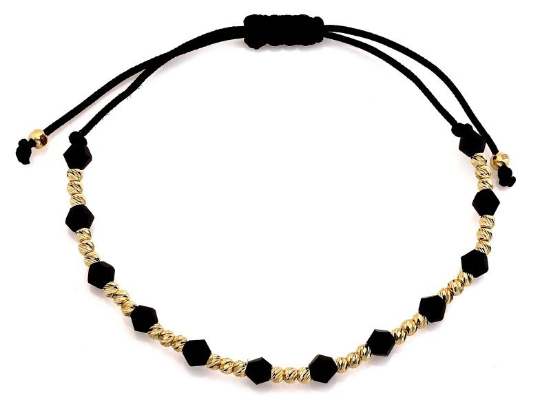 Bransoletka złota 585 z czarnymi onyksami i kulkami na sznurku 1.25g modna
