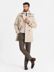 Elegancki męski płaszcz trencz SLIM FIT z paskiem beżowy V1 OM-COSC-0126 XXL - Kurtki męskie - miniaturka - grafika 1