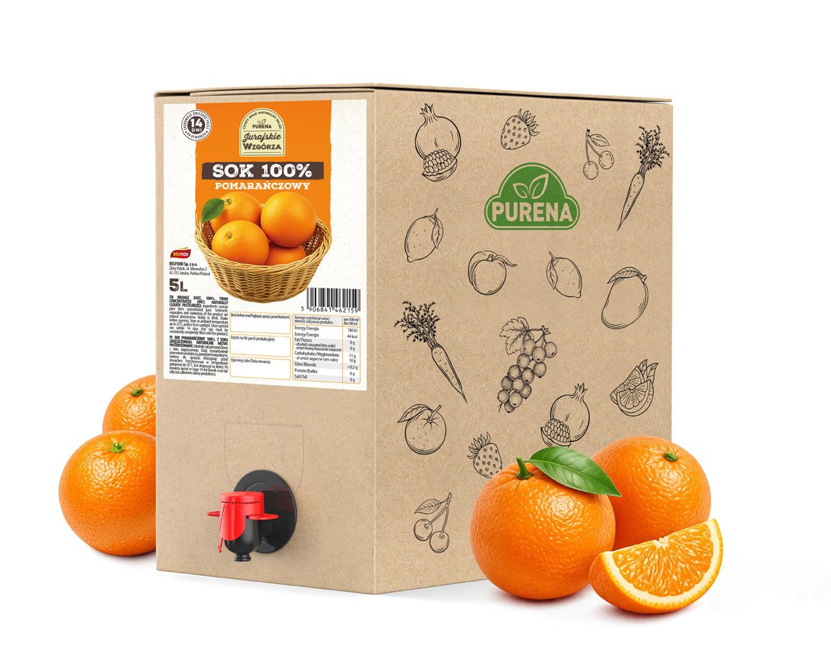 Sok z pomarańczy 100% z soku zagęszczonego bez dodatku cukru PURENA 5 L