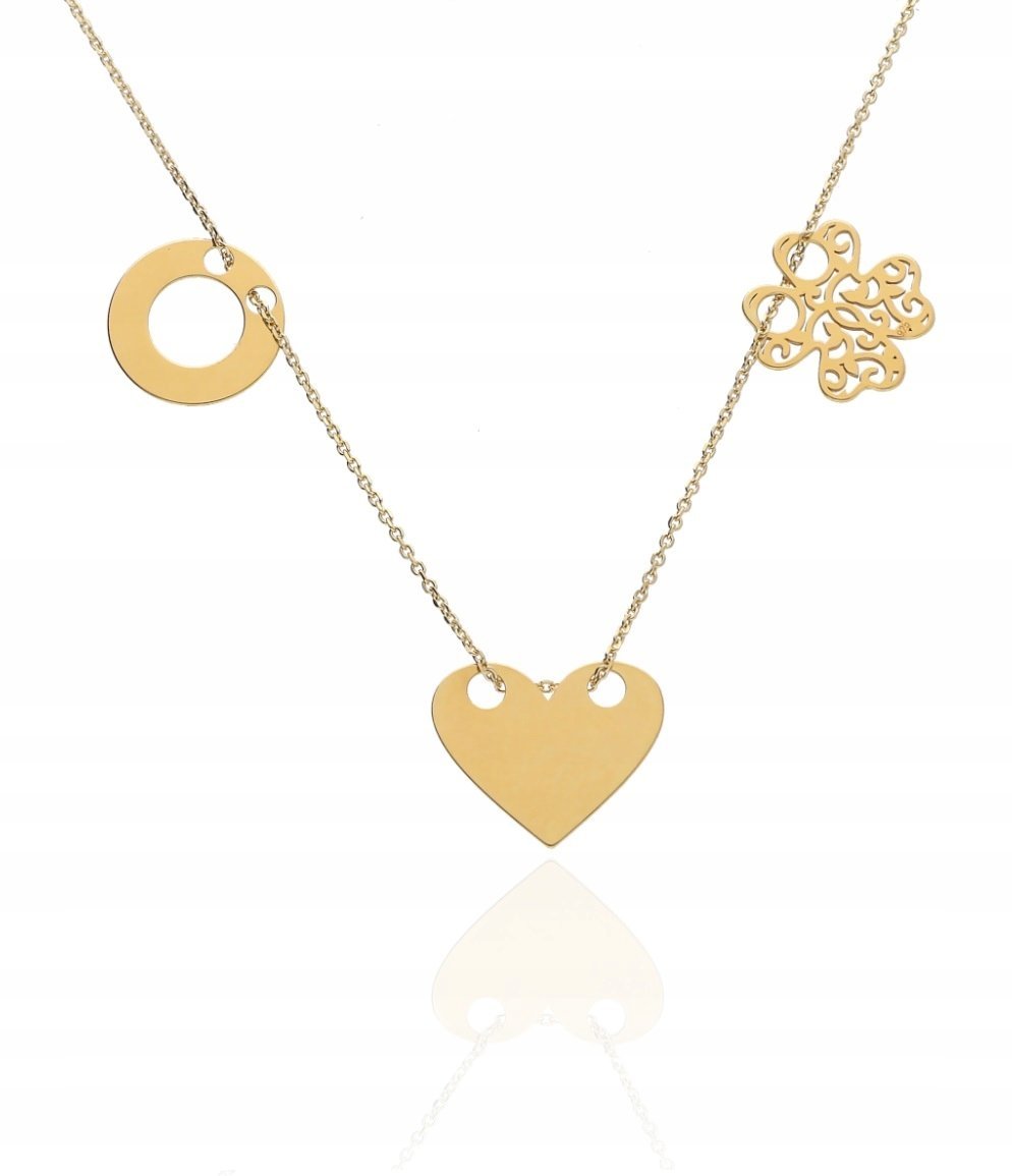 Naszyjnik złoty 3 zawieszki serce kółko koniczynka CELEBRYTKA srebro 45 cm