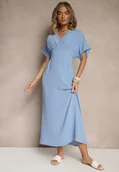 Sukienki - Niebieska Sukienka z Bawełną i Marszczoną Górą Filaviela - miniaturka - grafika 1