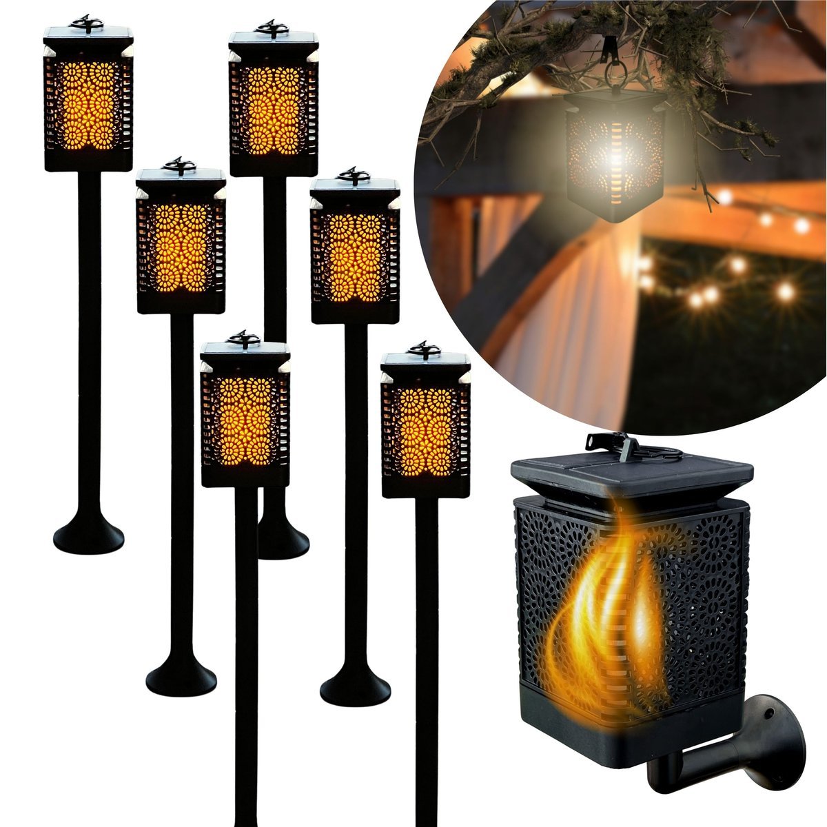 6x Lampa Solarna 3w1 Ogrodowa LED, Lampion, Pochodnia Efekt Płomienia Latarnia BLIXTAR