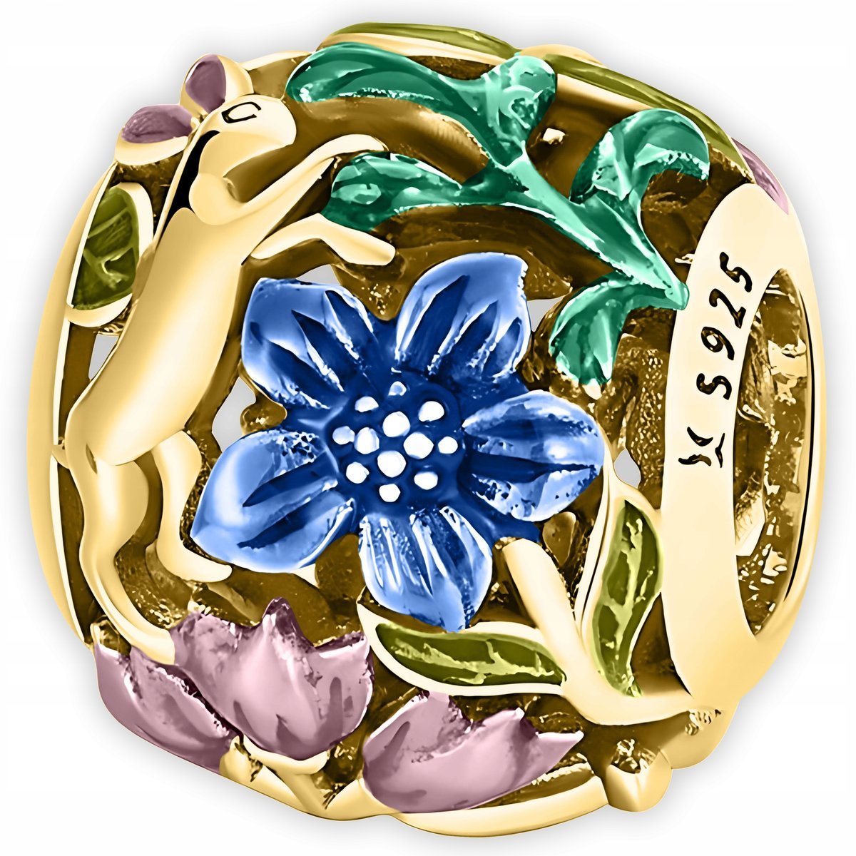 Złoty Charms Królik Zajączek Łąka Kolorowe Kwiaty Zając SREBRO 925