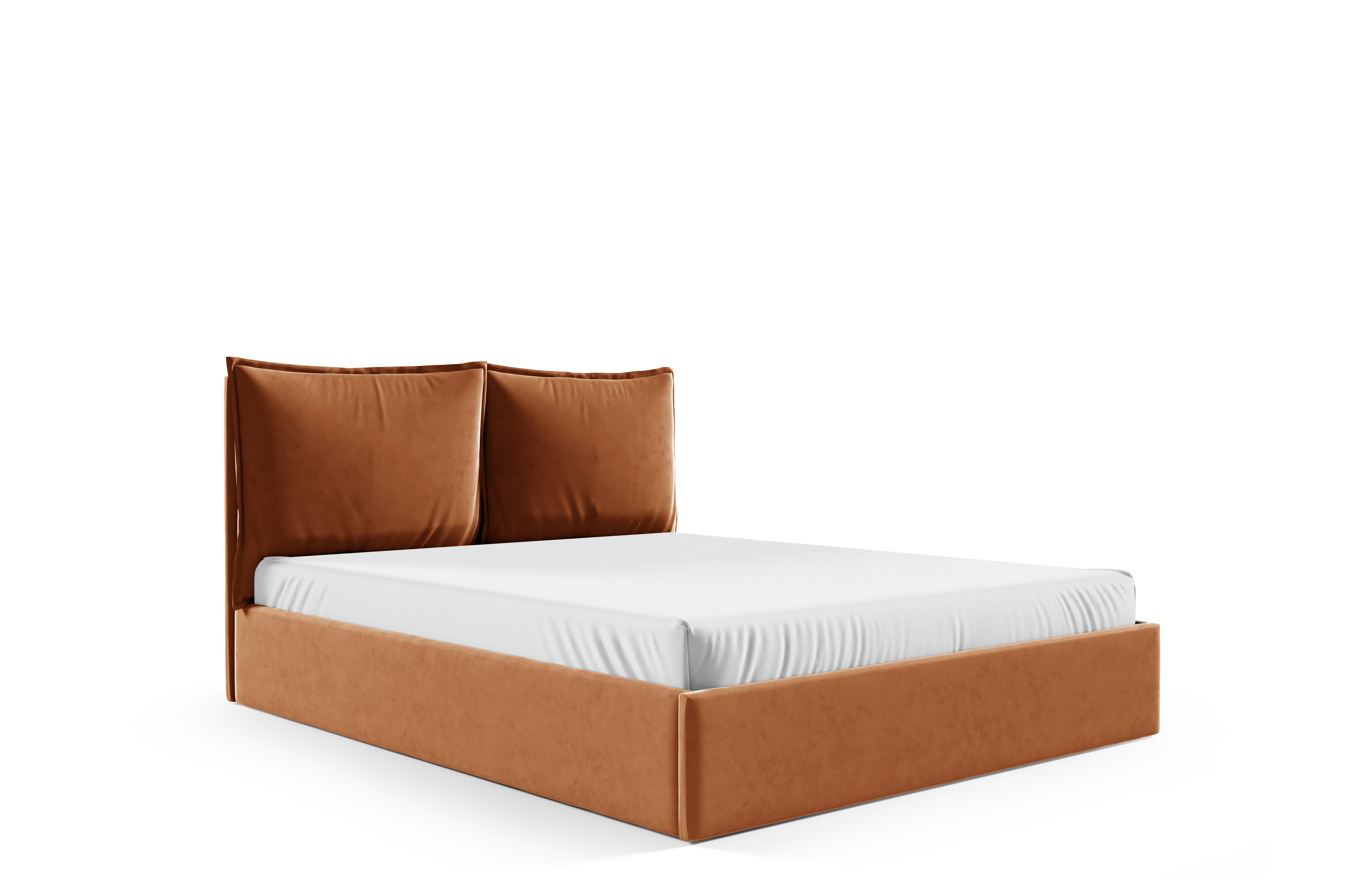 GUTTO Łóżko tapicerowane GLAM 200x200 metalowa rama z listew jasnobrązowy welurowa tkanina aksamitna z pojemnikiem na łóżko i schowkiem