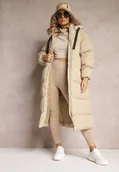 Kurtki damskie - Beżowa Długa Kurtka Pikowana z Kapturem Serea - miniaturka - grafika 1