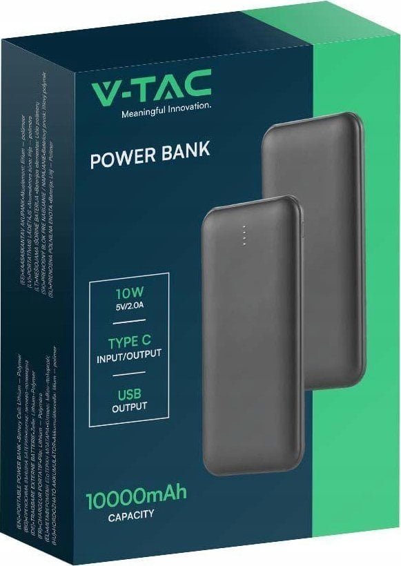V-TAC Power Bank 10000mAh SLIM TYPE C Czarny VT-3527