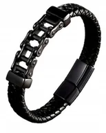 Bransolety męskie - MĘSKA BRANSOLETKA CZARNA ŁAŃCUCH MOTOCYKLOWY SKÓRA 21,5CM - miniaturka - grafika 1