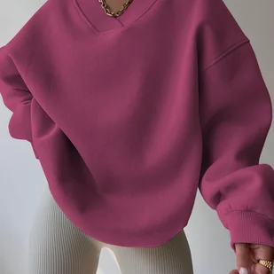 TEMU Swobodny sweter damski z dekoltem w serek - 100% poliester, jednolity , długie rękawy, nieelastyczna dzianina, luźny krój - odzież na każdą porę - Inne - miniaturka - grafika 1