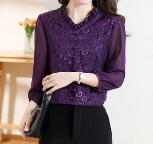 Elegancka koszula damska z wyszytymi kwiatami - Fioletowy - Koszule damskie - miniaturka - grafika 1