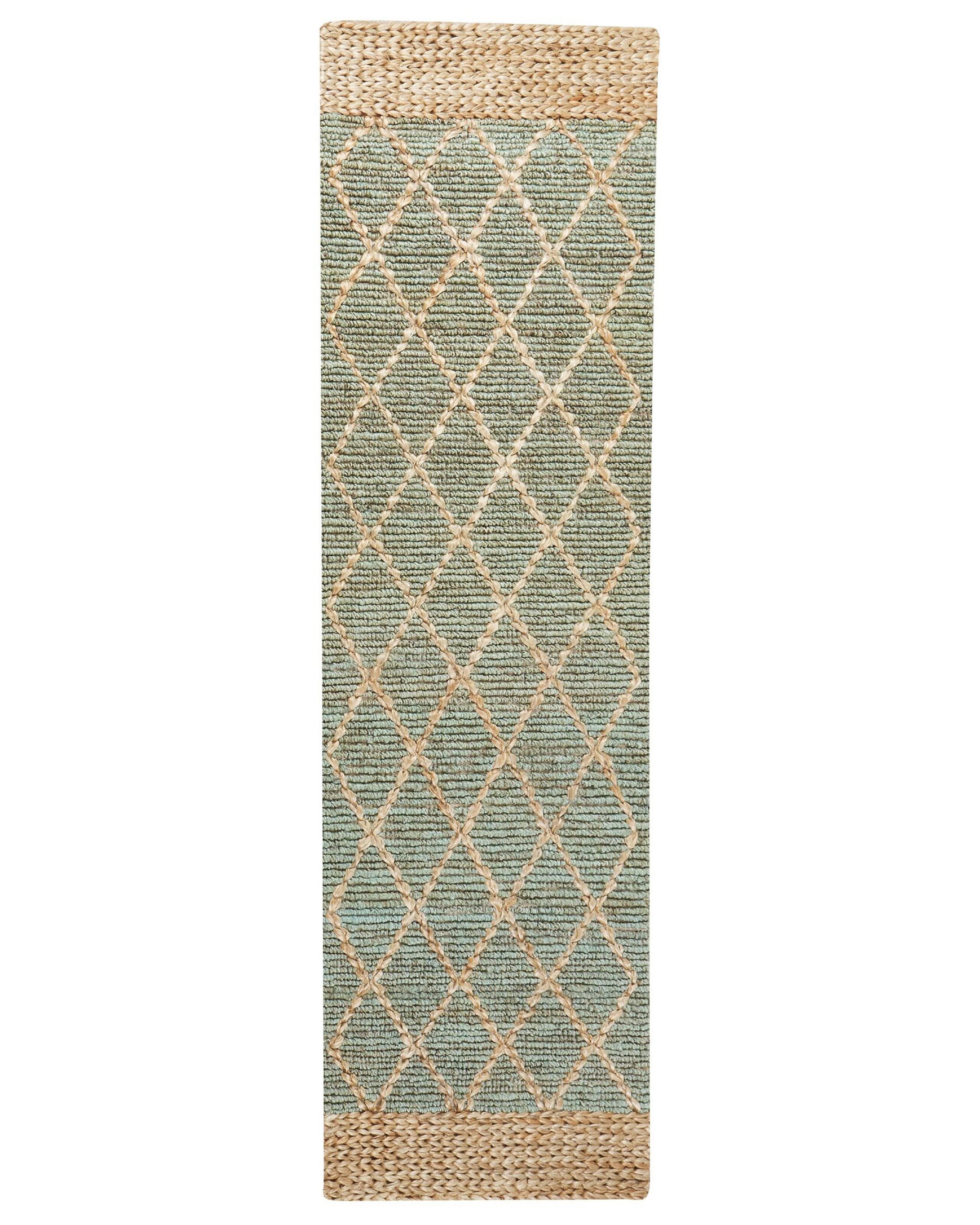 BELIANI Dywan zielony z beżowym jutowy 80 x 300 cm wzór geometryczny tkany ręcznie styl boho do przedpokoju sypialni