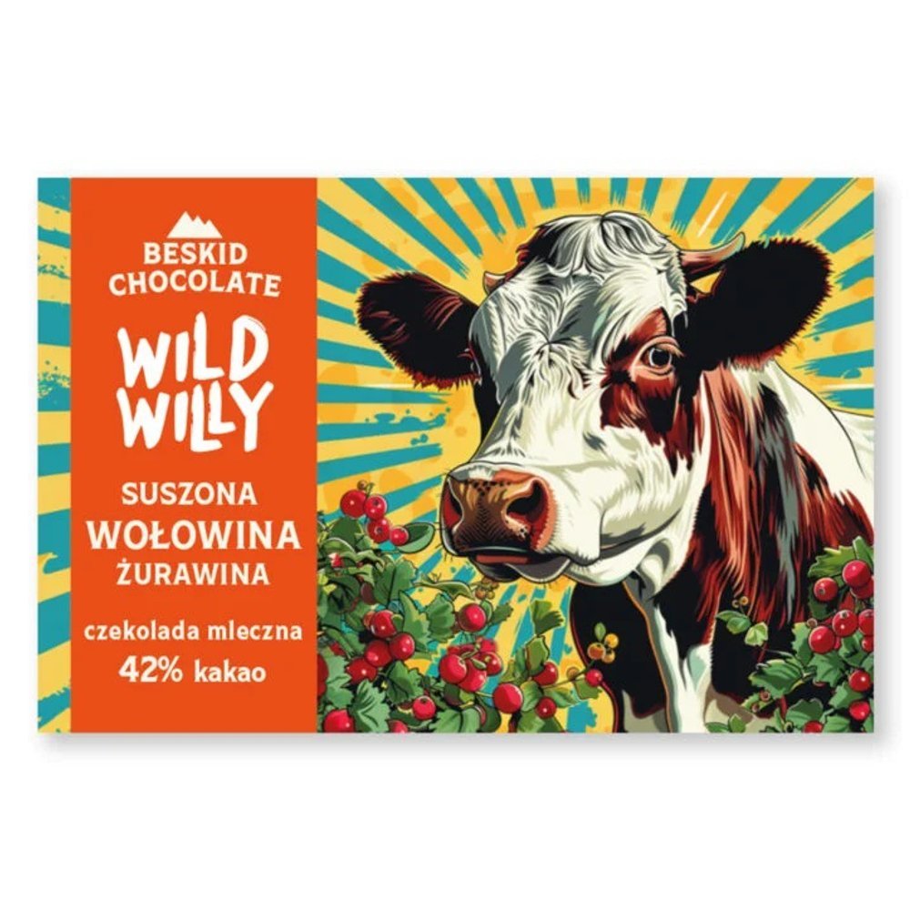 Czekolada mleczna 42% kakao Wild Willy z suszoną wołowiną o smaku żurawiny