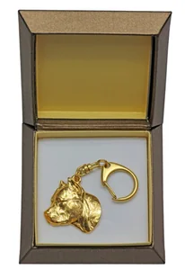 Amerykański Staffordshire terrier, Amstaff, Amstaf II - pozłocony brelok do kluczy z psem w pudełku prezentowym, ozdoba torebki, luksusowy dodatek m.. - Breloki - miniaturka - grafika 1