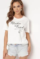 Koszulki i topy damskie - Biały Klasyczny Bawełniany T-shirt z Krótkim Rękawem z Nadrukiem Ozdobiony Perełkami Tiavenna - miniaturka - grafika 1