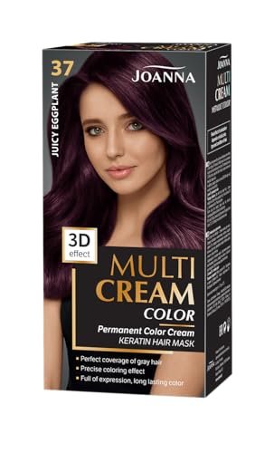 Joanna Multi Cream Color farba do włosów dla kobiet – zapewnia długotrwały kolor – efekt głębi 3D – zakrywa siwe włosy – kolor nasady – kolor oberżyny Pur 37 – kompletny zestaw