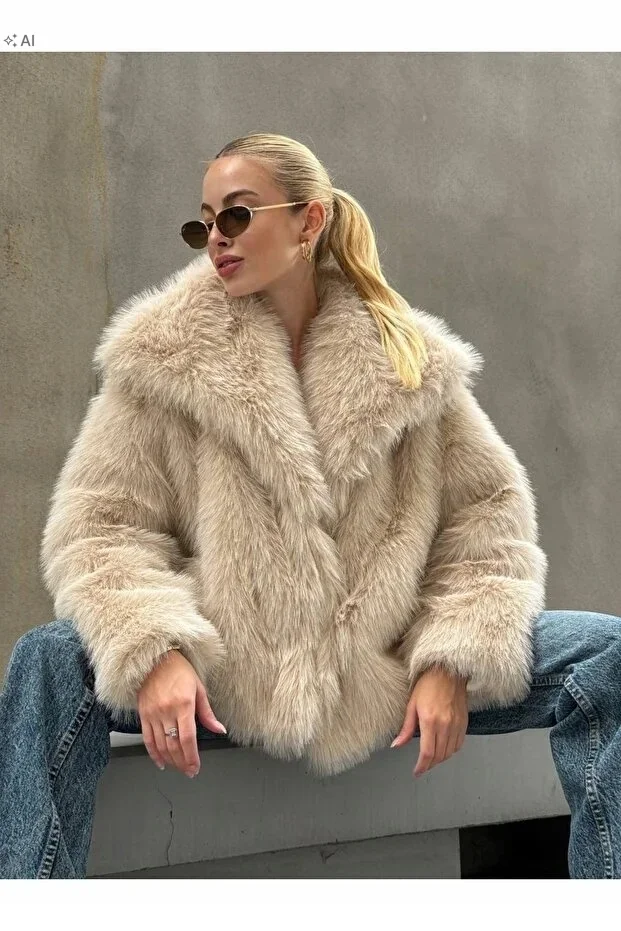 MIĘKKI BEŻOWY PŁASZCZ FUTRZANY KRÓTKI ELEGANCKI S 5IA