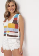 Bluzki damskie - Biało-Niebieski Bawełniany Dziergany Top Zapinany na Guziki Abunis - miniaturka - grafika 1