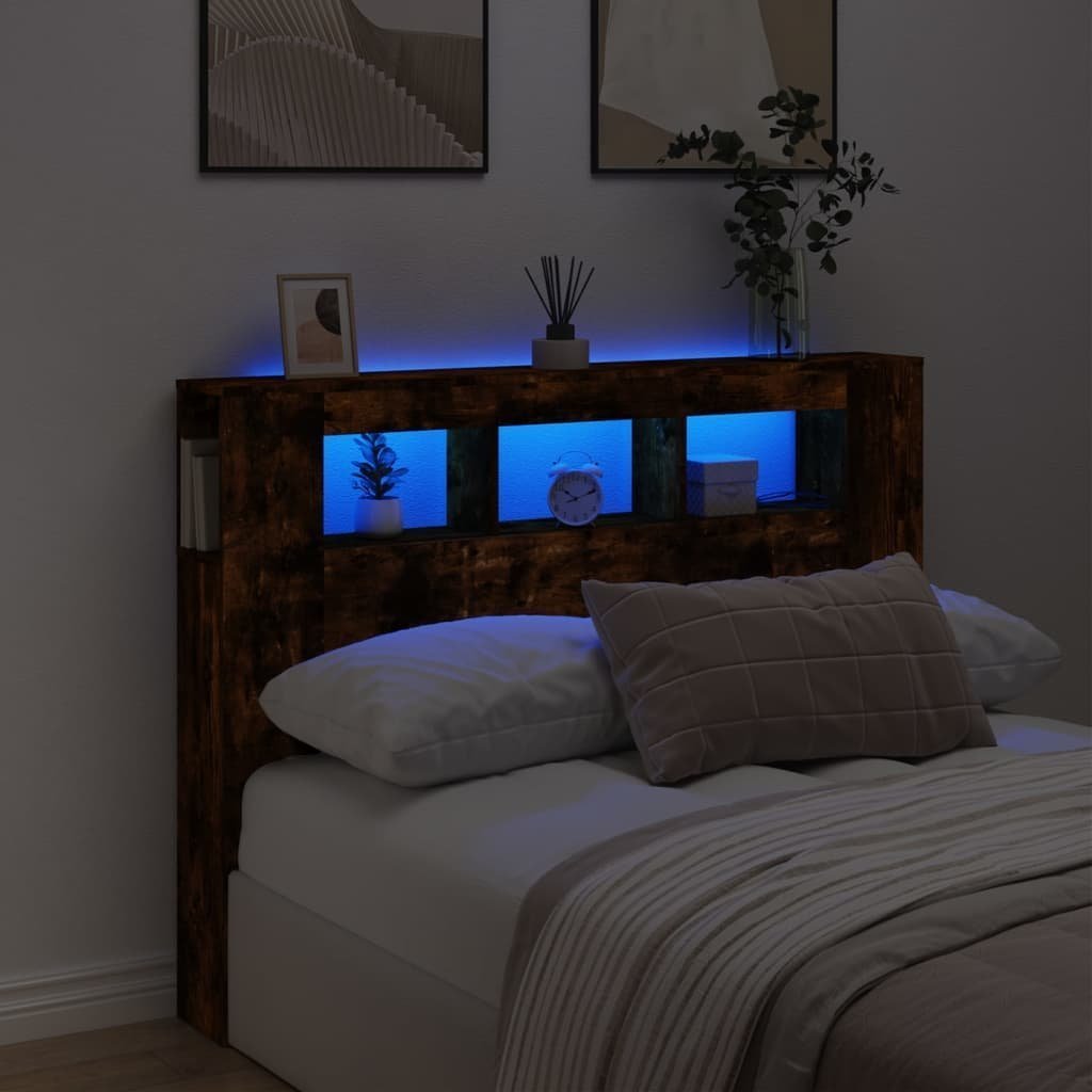 vidaXL Wezgłowie łóżka z LED, przydymiony dąb, 140x18,5x103,5 cm