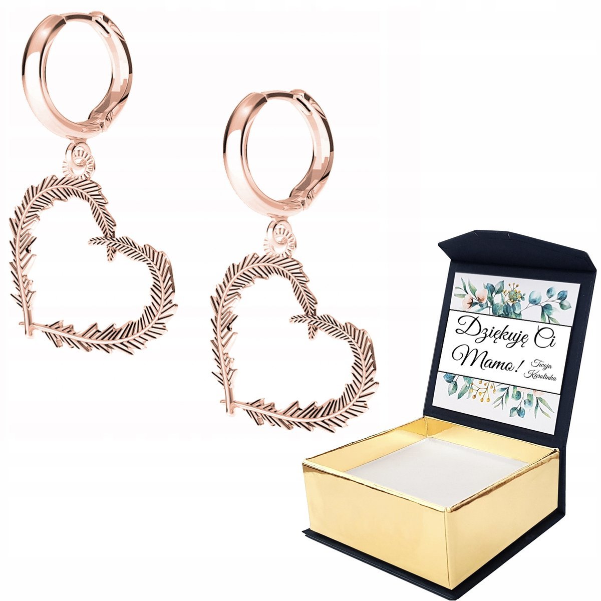 Kolczyki różowe złoto Serce Pióro + WŁASNY NADRUK